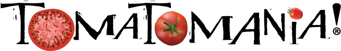 Logo featuring sliced and whole red tomatoes forming the words "Tomatomania"